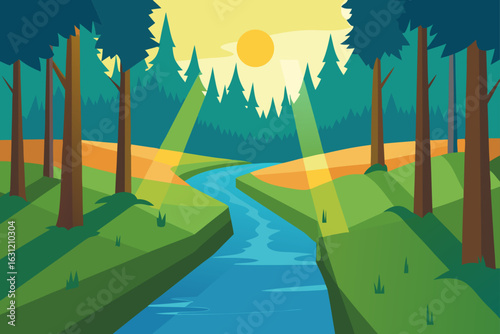 forest creek with sunlight glimmering on water