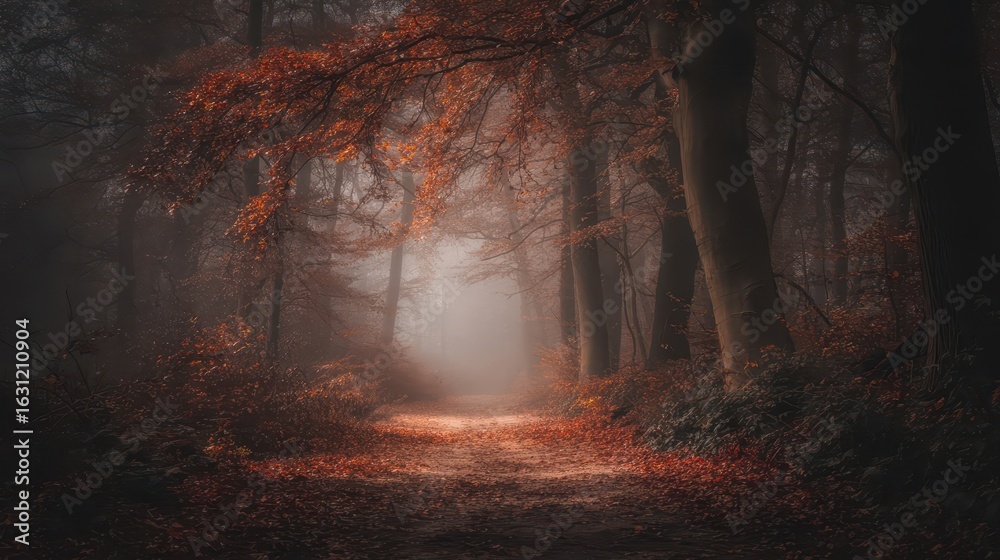 Fototapeta premium A pathway through a misty autumn forest.