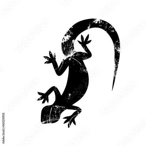 Vector Black silhouette of a playful gecko clinging to a surface.