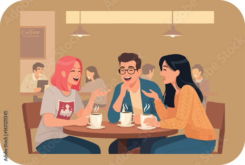 Three friends enjoying coffee and conversation at a cozy cafe sharing laughter and good times together