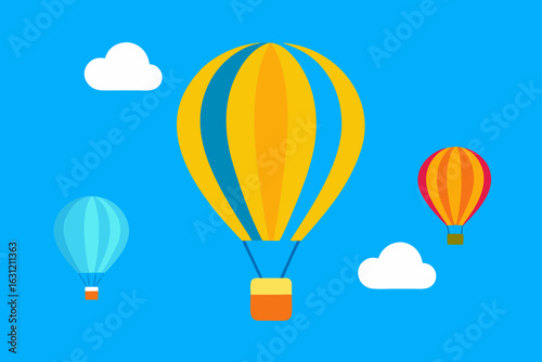 hot air balloons floating in bright blue sky