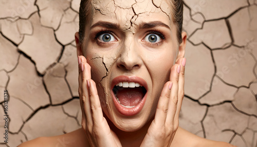 Womans dry cracked skin with fear.