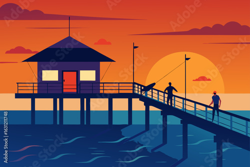 ocean pier with people fishing at sunset