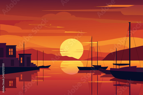 sunset glow over calm marina with boats