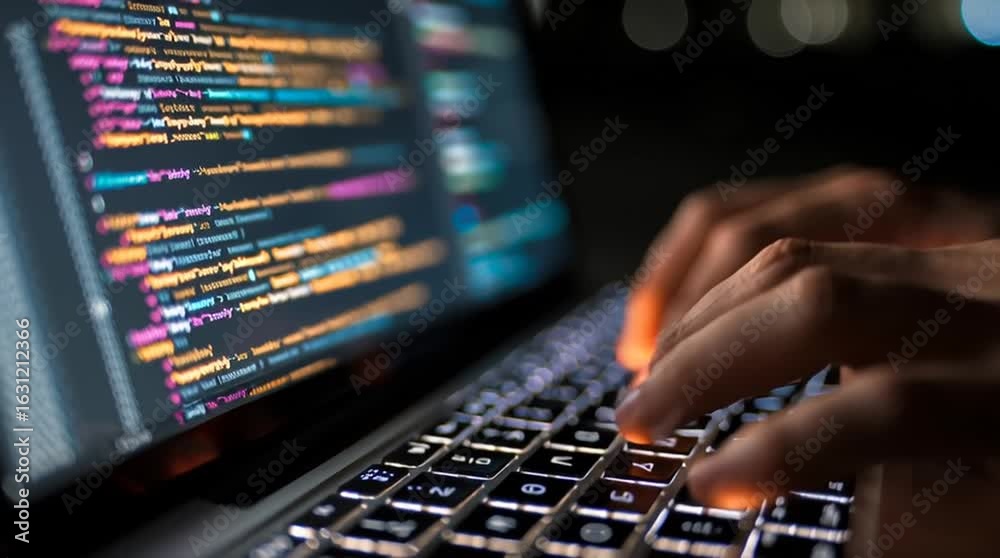 Hands typing on laptop with code on screen at night, highlighting software development process and dedication to technology
