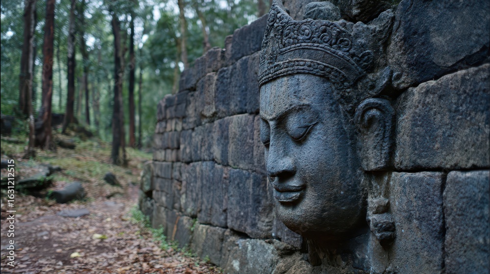 Carved stone face of a serene figure against a weathered stone wall. Carved stone face of a serene figure against a weathered stone wall.