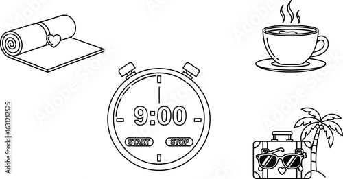Vector art of morning yoga, time, coffee, and vacation icons mat, clock, cup, suitcase, heart, stopwatch, travel, and palm line icons
