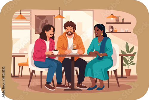 Diverse friends enjoying coffee and conversation at a cozy cafe sharing a pleasant afternoon together in a warm and inviting atmosphere