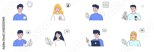 Flat minimalist vector illustration of diverse business people communicating online with smartphones and laptops showing video call and chat icons