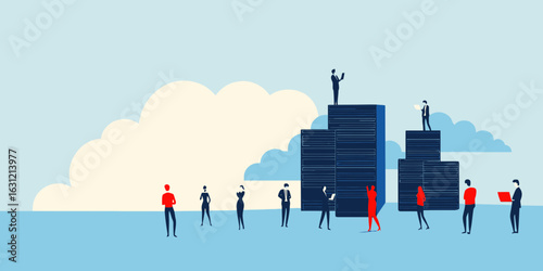 Business people working with large server data storage towers cloud computing networking digital technology concept flat vector illustration