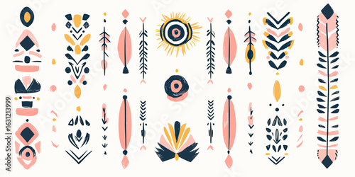Hand drawn ethnic tribal arrows and geometric folk motifs border design with sun elements in soft pink yellow navy blue minimalist style vector illustration