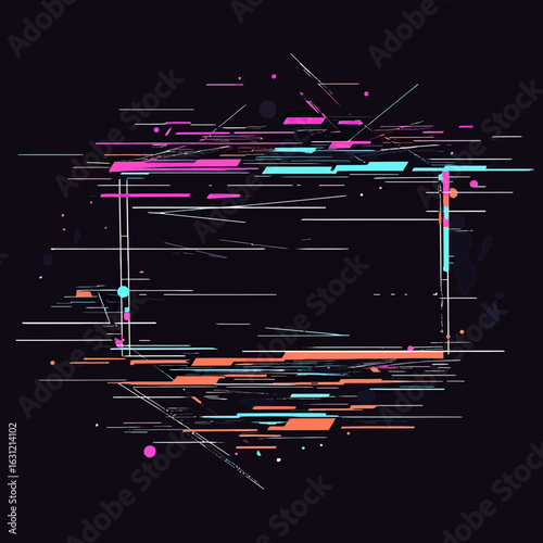Abstract digital glitch frame with colorful horizontal lines and dots on black background, technology inspired pixel distortion effect design