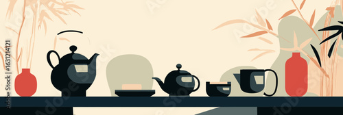 Minimalist flat vector illustration of Asian tea ceremony setup with traditional teapots, cups, bamboo plants, and red vases on table with neutral background