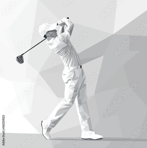 Minimalist polygon style male golfer swinging golf club in monochrome grayscale vector illustration with geometric background for sports and leisure concept design