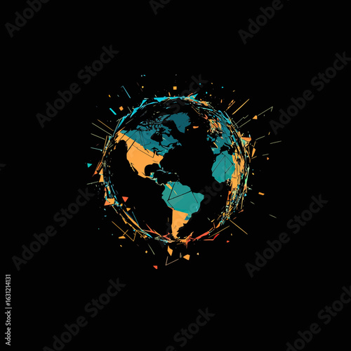 Abstract polygonal Earth globe with fragmented glitch effect in blue and orange tones on black background, digital destruction style vector illustration