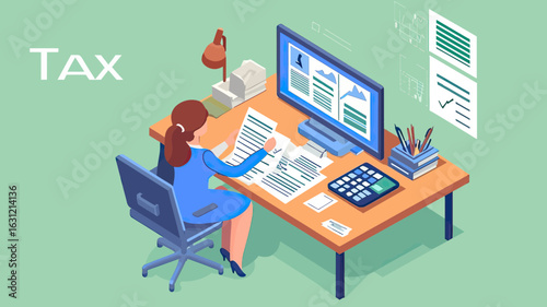 Isometric view of woman accountant calculating tax documents at office desk with computer calculator paper sheets in financial workspace illustration