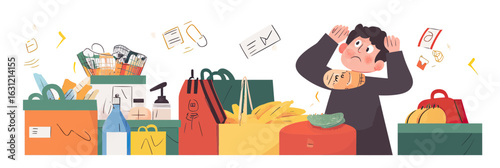 Worried person surrounded by groceries and consumer goods symbolizing rising cost of living and inflation pressure in minimalist flat vector style