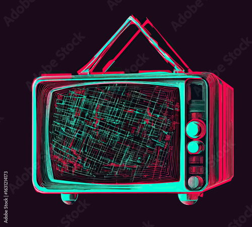 Retro television with distorted glitch effect and 3D anaglyph style vintage TV set vector illustration in glitch art design