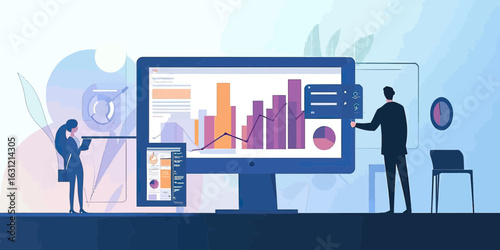 Business people analyzing data analytics and statistics on large computer monitor with charts and graphs for report dashboard visualization in flat vector illustration