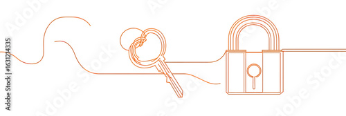 Continuous line drawing of key and padlock security symbol minimalist thin orange vector illustration flat design isolated on white background