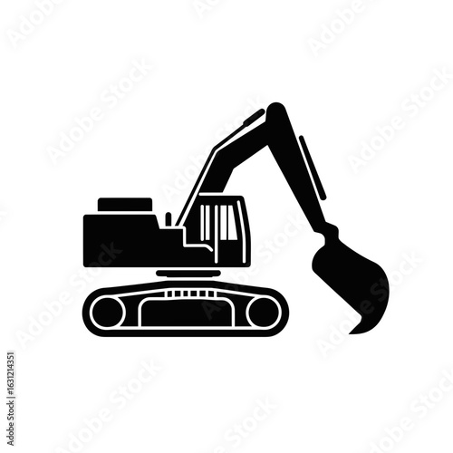 Excavator silhouette vector icon with tracked base and articulated arm bucket construction machinery equipment design isolated on white background