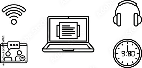 Vector art of online meeting icons representing wifi, laptop, headphone and time vector illustration of remote work and conference call
