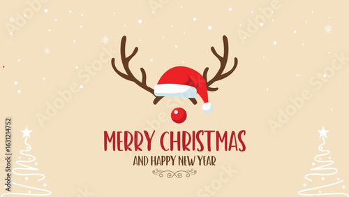 Merry Christmas and Happy New Year reindeer antlers santa hat snowflakes