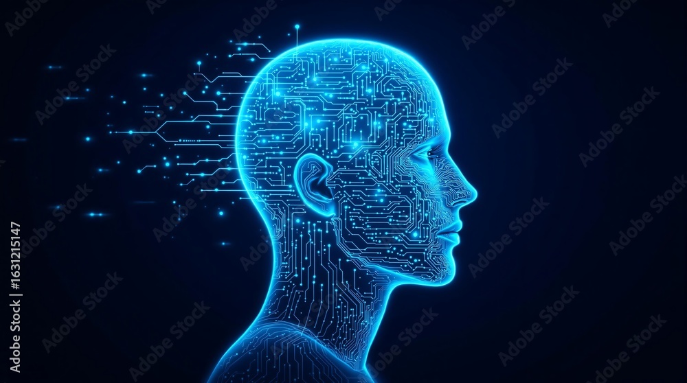 Obraz premium Stunning blue digital human head with intricate circuits symbolizes advanced AI and futuristic technology.