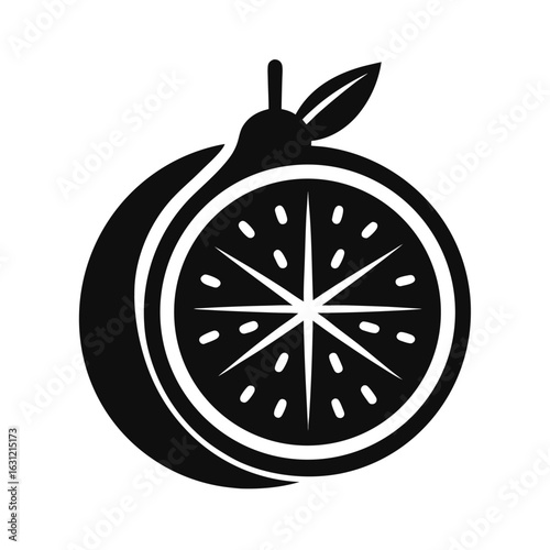 Black silhouette of a sliced orange with leaves and stem citrus fruit