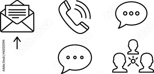 Vector art of line art icons representing communication methods such as email, phone, messaging, and teamwork