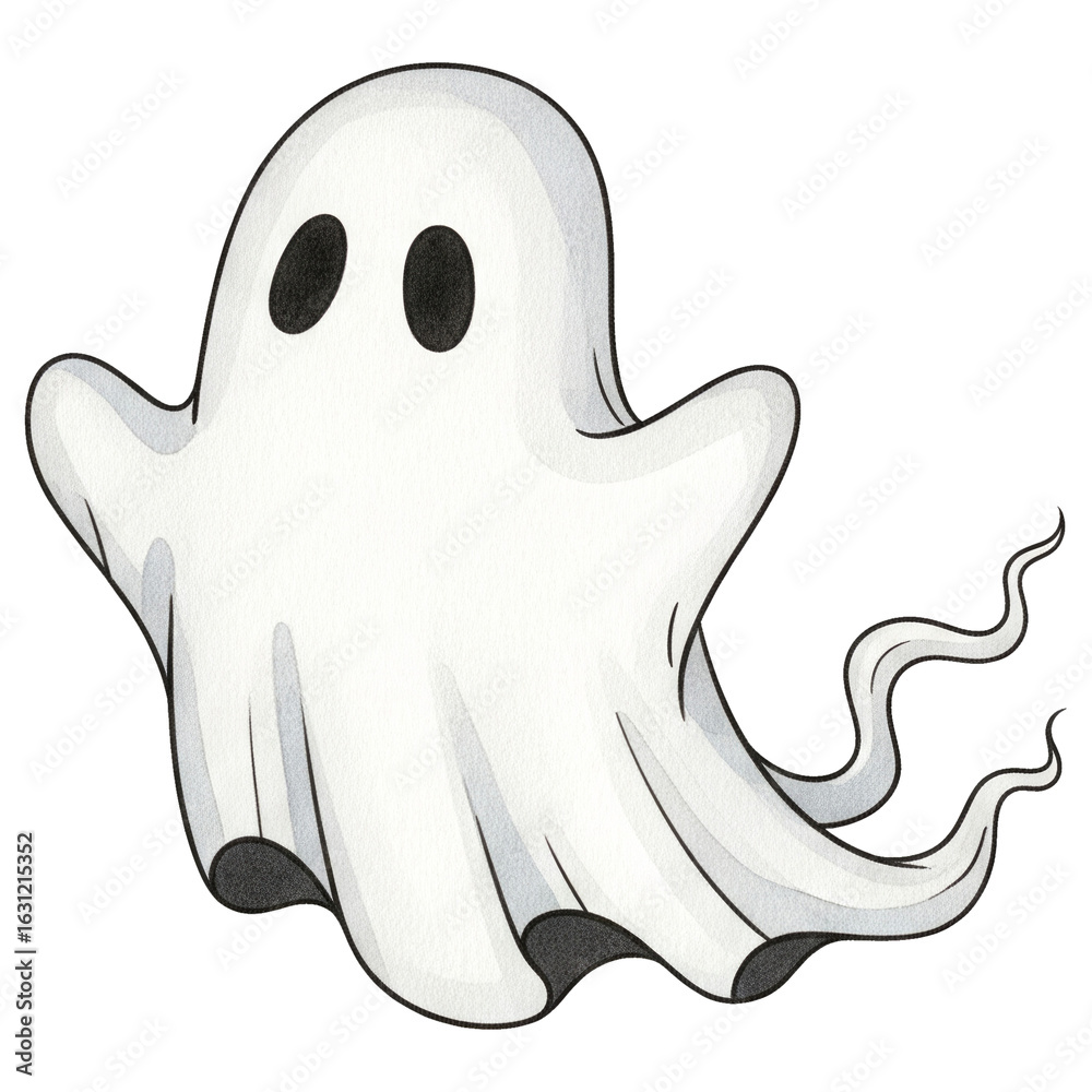 Fototapeta premium A whimsical cartoon ghost with a flowing shape and large, expressive eyes, evoking a playful and spooky vibe.