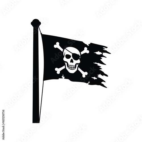 Worn and Torn Pirate Flag Vector Icon, Jolly Roger Emblem, and Eye Patch Skull