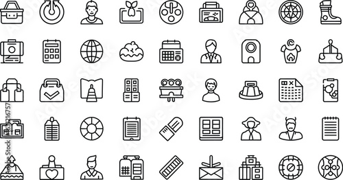 Vector art of collection of 45 outline icons representing various objects, professions, and symbols, each meticulously designed with clean lines and a consistent stroke width