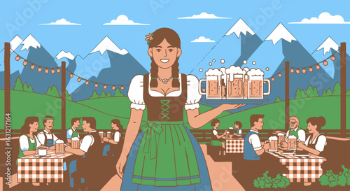 Smiling Bavarian waitress in dirndl, carrying a tray of frothy beer steins