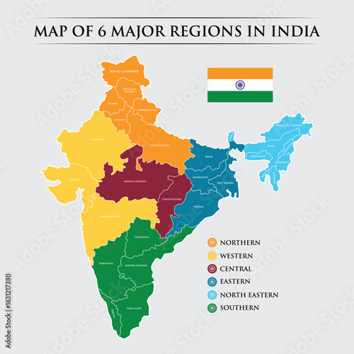 Map of  Six Major Regions in India Detailed Geographic Area Colorful with States and Borders Isolated on Light Grey. Vector Map India