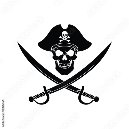 Angry Pirate Skull with Crossed Swords Vector Icon Jolly Roger Emblem