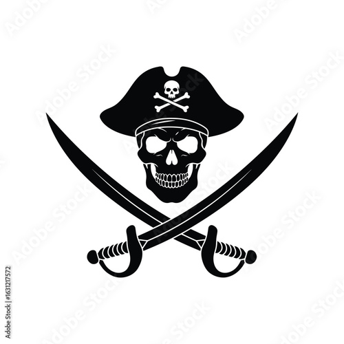 Angry Pirate Skull with Crossed Swords Vector Icon Jolly Roger Emblem