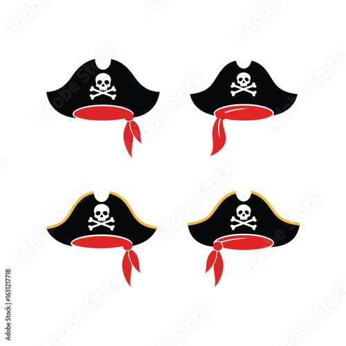 Set of Four Pirate Tricorn Hat Vector Icons with Skull and Crossbones Motif