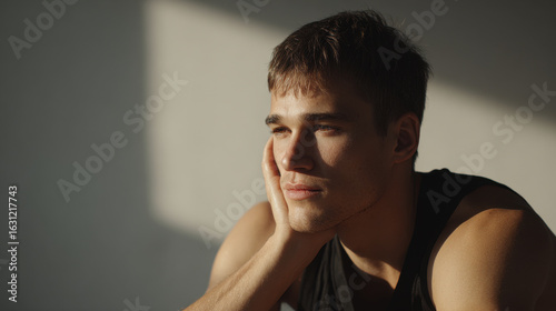 man rests his head on his hand after intense workout reflecting on his efforts