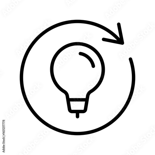 Single black refresh idea line icon, simple light bulb with repeat arrow flat design illustration pictogram for infographic interface elements for app logo web button ui isolated on white background