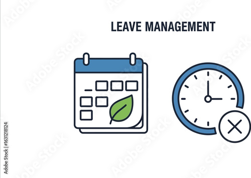 Illustration of leave management icons, including a calendar and a clock, representing time off and scheduling