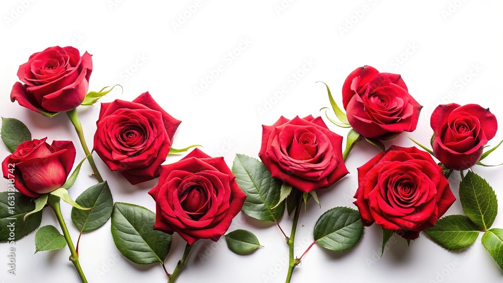 Obraz premium Seven vibrant red roses with lush green leaves arranged on a white surface