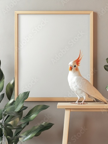 A light beige framed poster, positioned on a light wooden table, with a white cockatoo perched upon it. Green plants are in the background