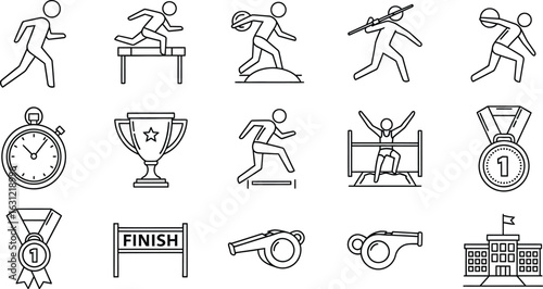 Olympic games icon set vector illustration sport competition symbols, such as running, hurdle, discus, javelin, jump, medal, trophy, and stopwatch