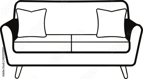 Simple line art sofa with two cushions isolated on transparent background