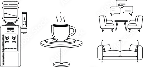 Illustration of a water cooler, coffee cup a table, and a seating area with chairs and a sofa