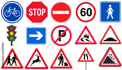 Conceptual collection of various road traffic signs isolated on a white background for safety awareness.