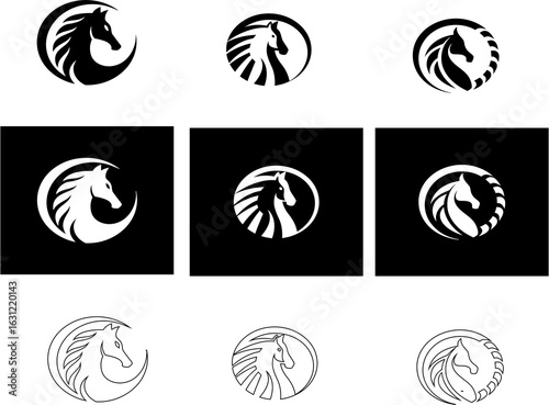 Horse head vector icon set in bold styles, silhouette, outline, and reversed. Perfect for premium branding and cowboy-themed labels.

