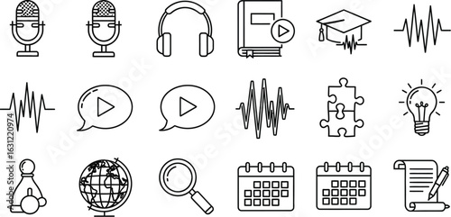 Line art icons representing online education, podcasting, and various academic and recreational activities