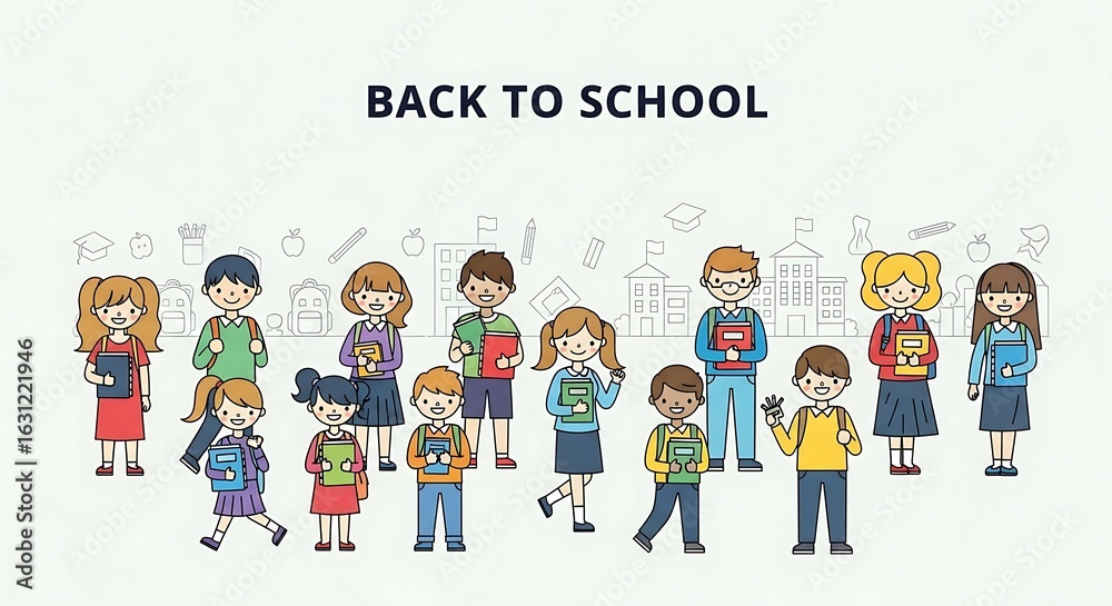 Cartoon illustration depicting students with backpacks and books ready for back to school season